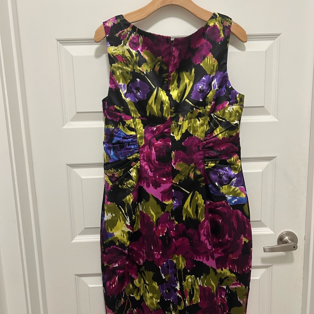 Adrianna Papell Black Floral Midi Dress with Purple, Blue & Olive - Picture 2 of 9